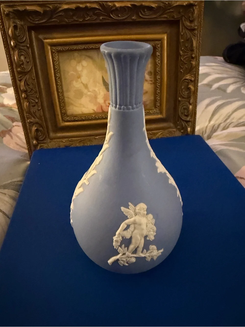 Vintage Wedgwood Blue Jasperware Cherub Bud Vase - 5.25